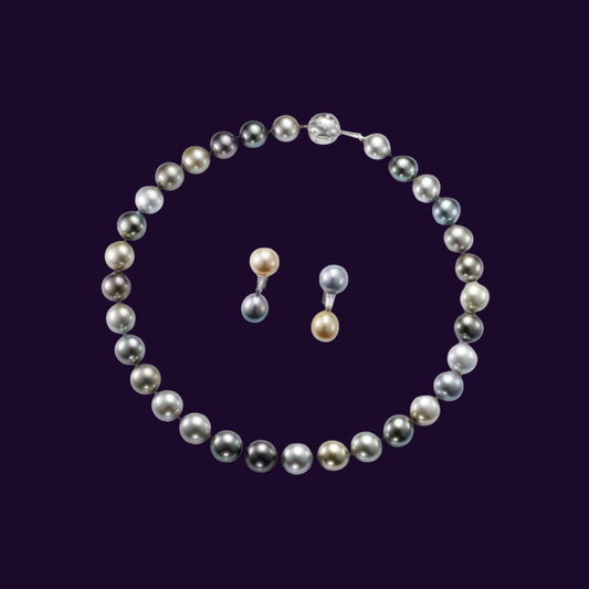 Set of Diamond & Grey cultivated Pearl Necklace Collier & Fitted Pearl Earrings