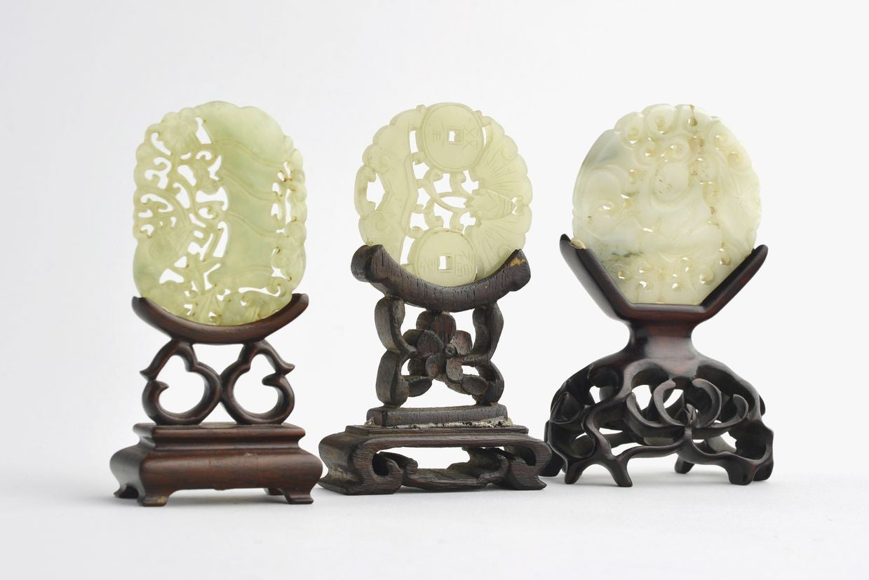 Set of three antique carved and openwork celadon jade sculpted plaques, jade, fine art, 24tim
