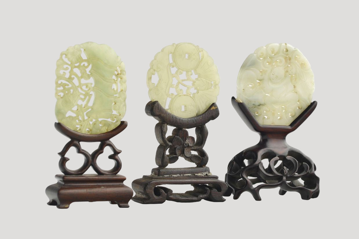 Set of three antique carved and openwork celadon jade sculpted plaques, jade, fine art, 24tim