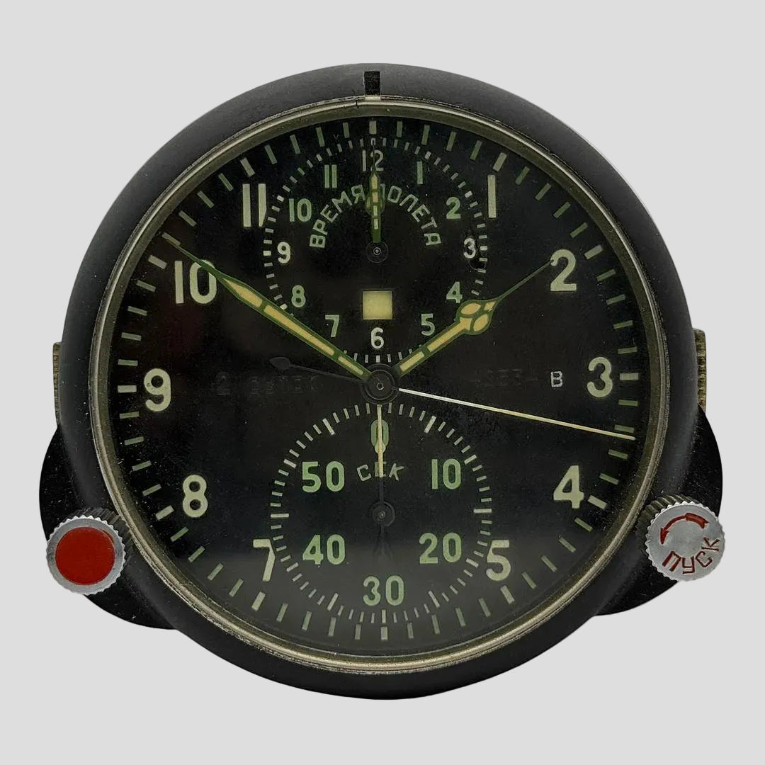 Soviet pilot aircraft clock ATSCH-1 „Vremya Poleta“ 27V, cockpit chronograph Cold War 1960'