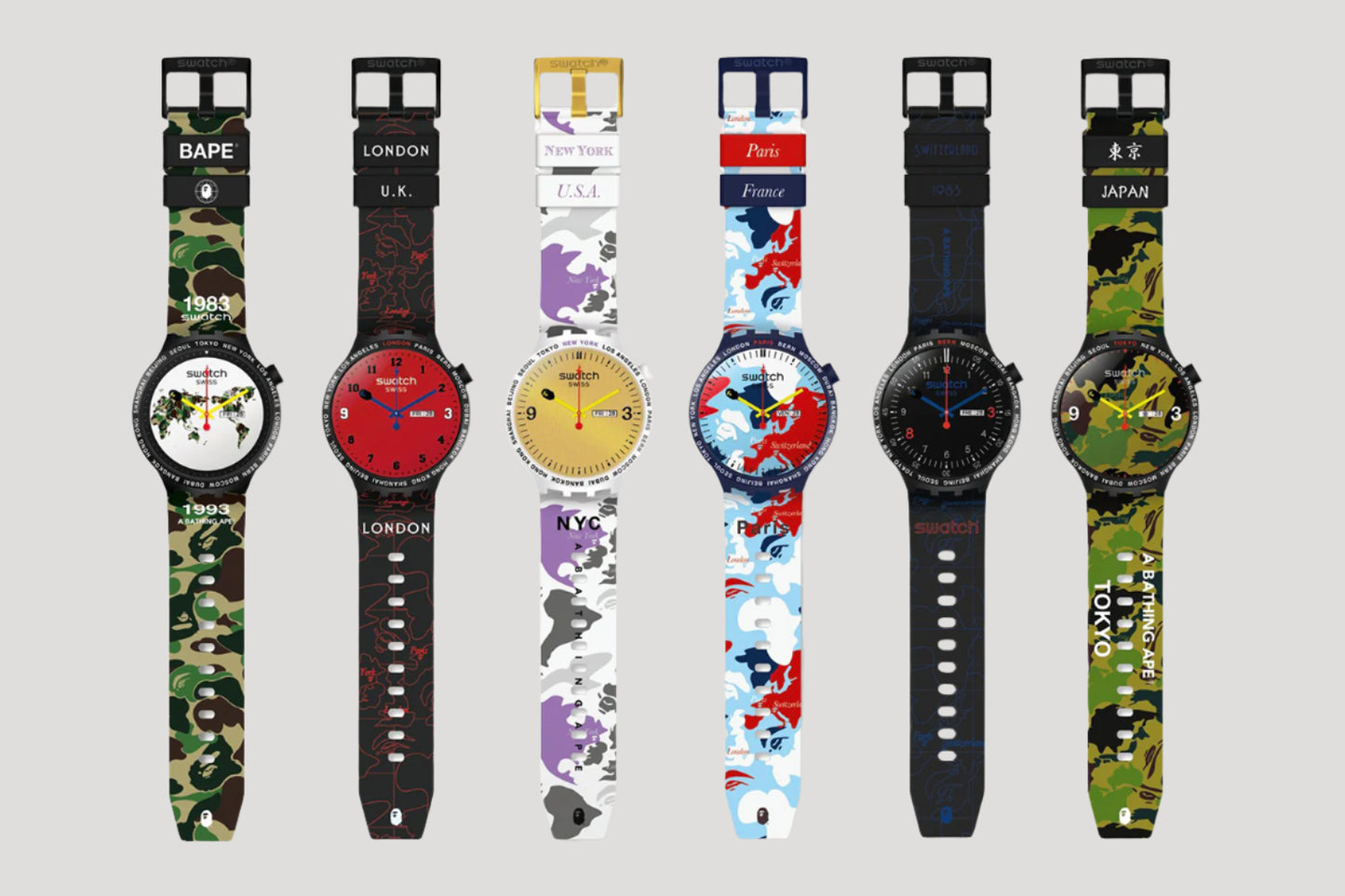 Swatch & A Bathing Ape (Bape) Tokio Collection of 6 watches New Full Set Rare Limited Edition