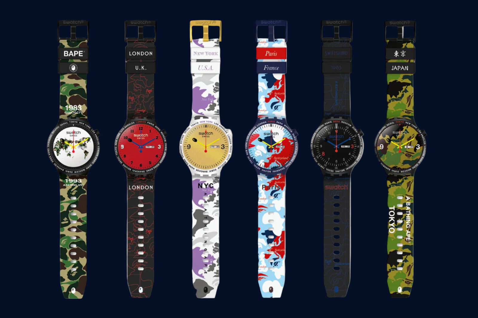 Swatch & A Bathing Ape (Bape) Tokio Collection of 6 watches New Full Set Rare Limited Edition