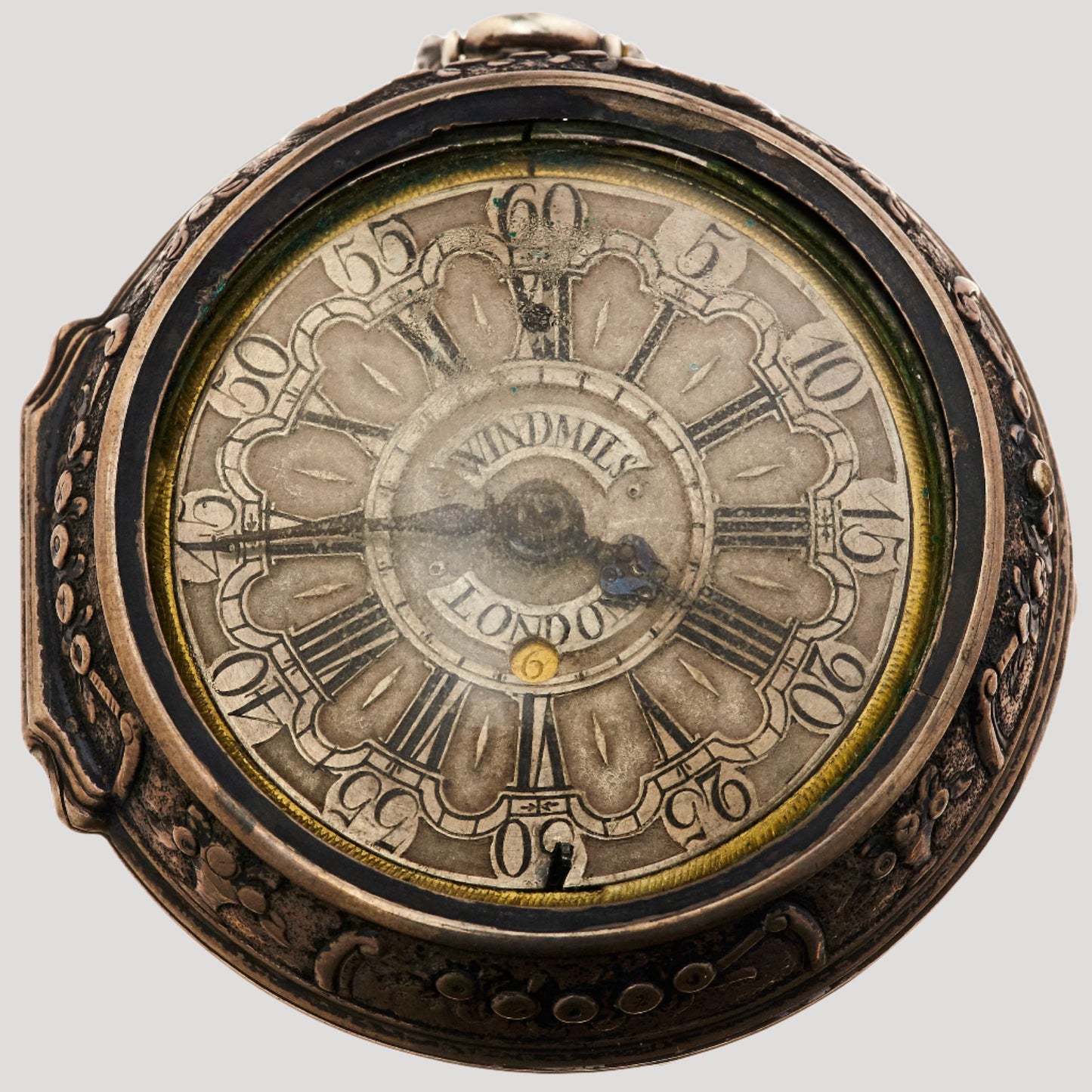 Windmills Spindle Silver Pocket Watch / Montre de poche/ Taschenuhr 18c, patina dial Rare