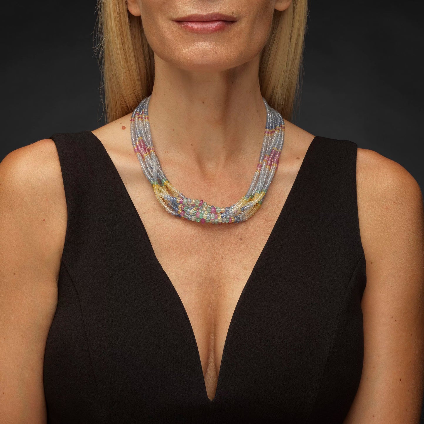 Multi-row Necklace / Collier of sapphire pearls, colored sapphires, and faceted emeralds