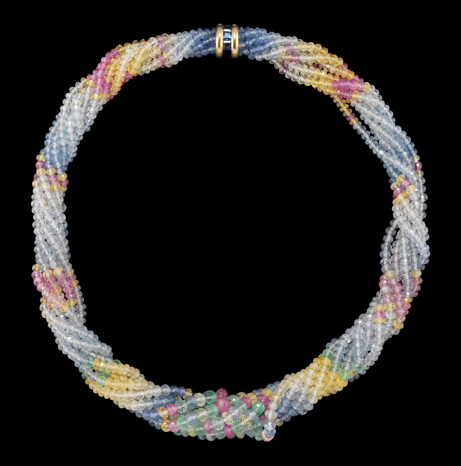 Multicolored beaded necklace on a black background