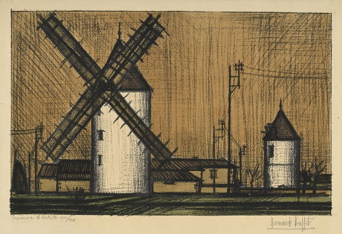 Bernard Buffet (1928-1999), “Les moulins”, 1953, color lithograph, signed and numbered 8/20