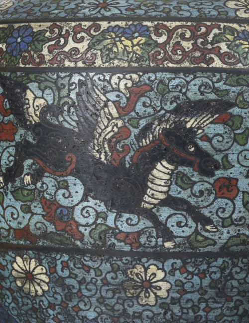 Set of 3 marvelous ancient champlevé enamel vases, Japan, 20th century