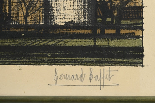 Bernard Buffet (1928-1999), “Les moulins”, 1953, color lithograph, signed and numbered 8/20