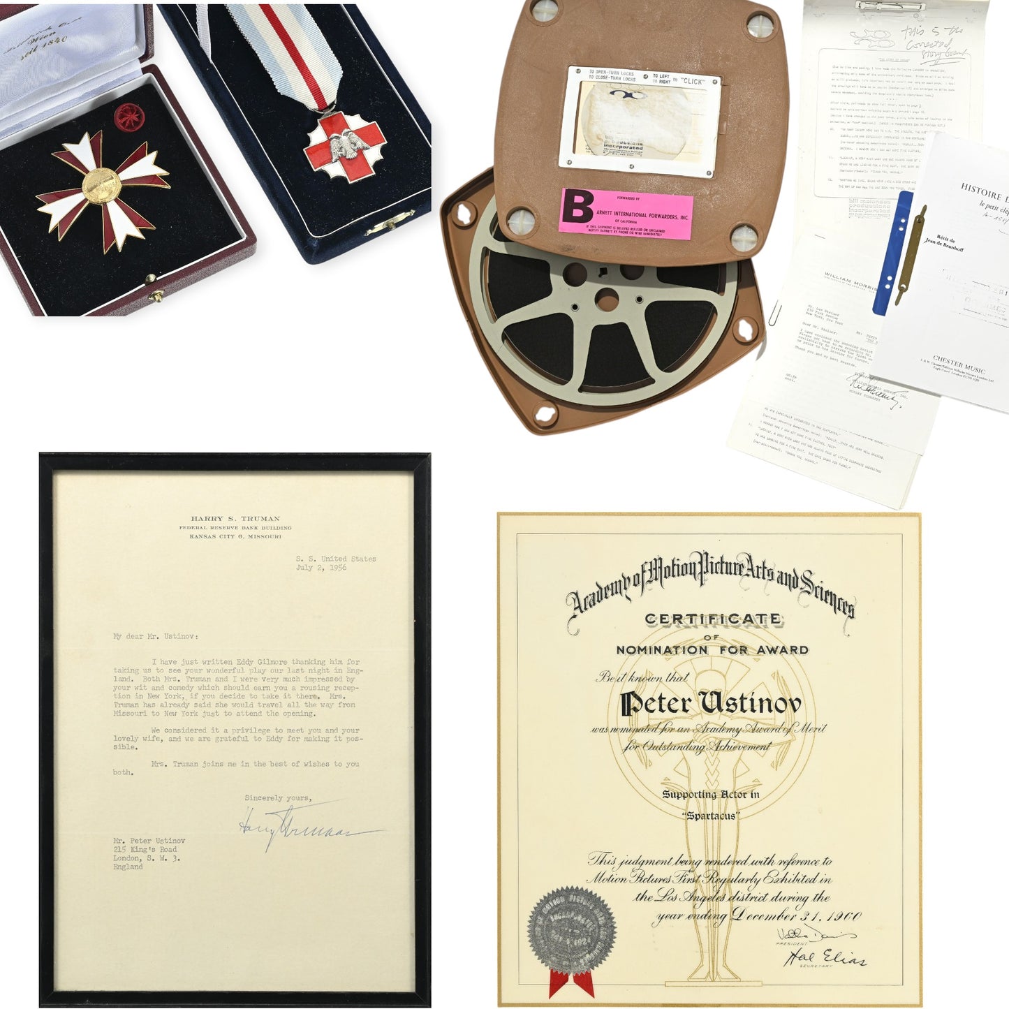 Unique Set of 2 Medals awarded to Sir Peter Ustinov, the Spartacus Oscar certificate, letter by Harry S. Truman & The story of Babar, 1968 documents