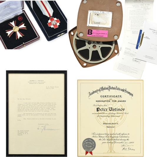 Unique Set of 2 Medals awarded to Sir Peter Ustinov, the Spartacus Oscar certificate, letter by Harry S. Truman & The story of Babar, 1968 documents