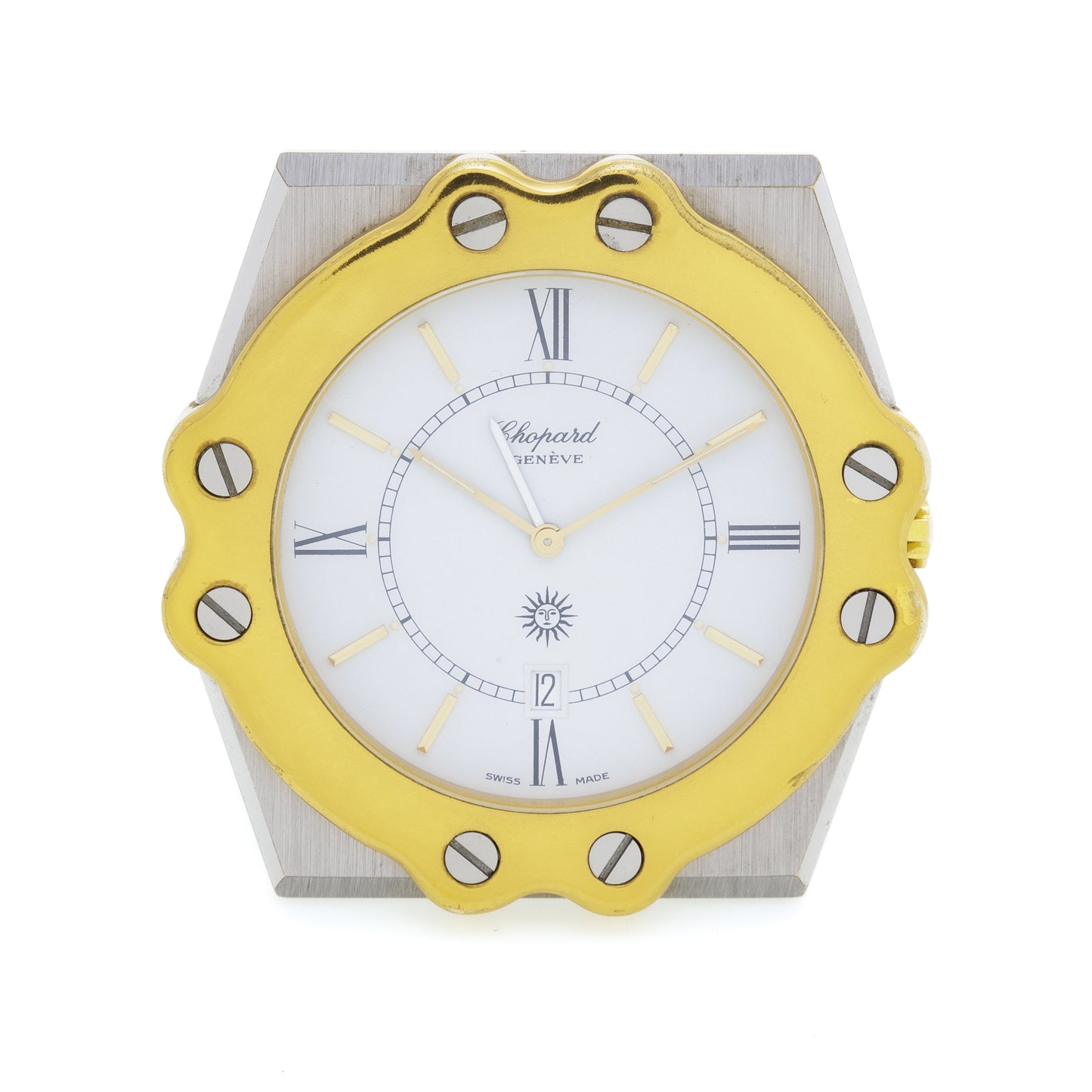 Chopard St. Moritz Ref. T8047, two-tone steel Alarm Table Clock with date indication 1980'