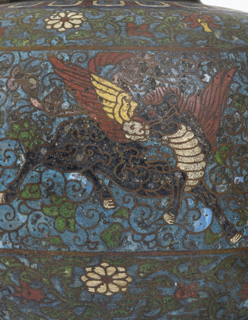 Set of 3 marvelous ancient champlevé enamel vases, Japan, 20th century