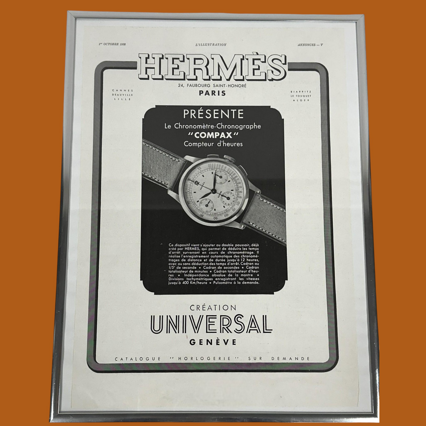 Universal Genève Hermès Original framed advertisement from l'Illustration magazine, 1938