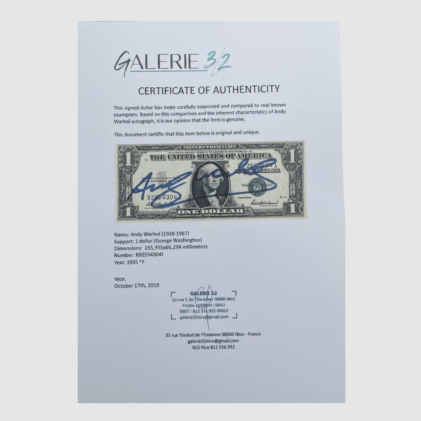 Andy Warhol signed 1 dollar with authenticity certificate