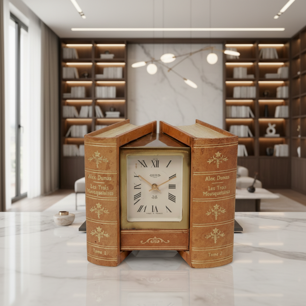 Jaeger book form Desk Clock Horloge Tischuhr ca 1950, A. Dumas,"Les Trois Mousquetaires"
