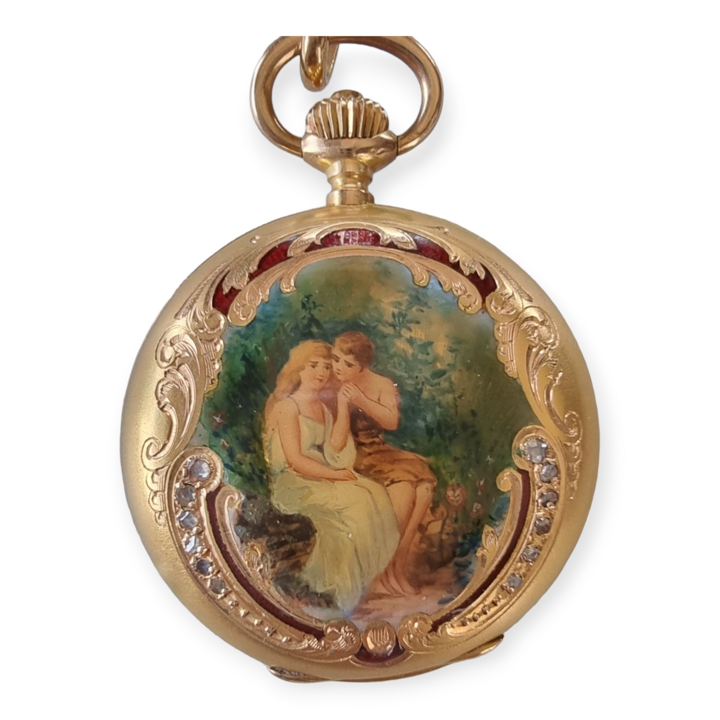 Longines A Fine & Rare Antique 18k Pocket Pendant Watch Rich Enameled motif with old cut diamonds.