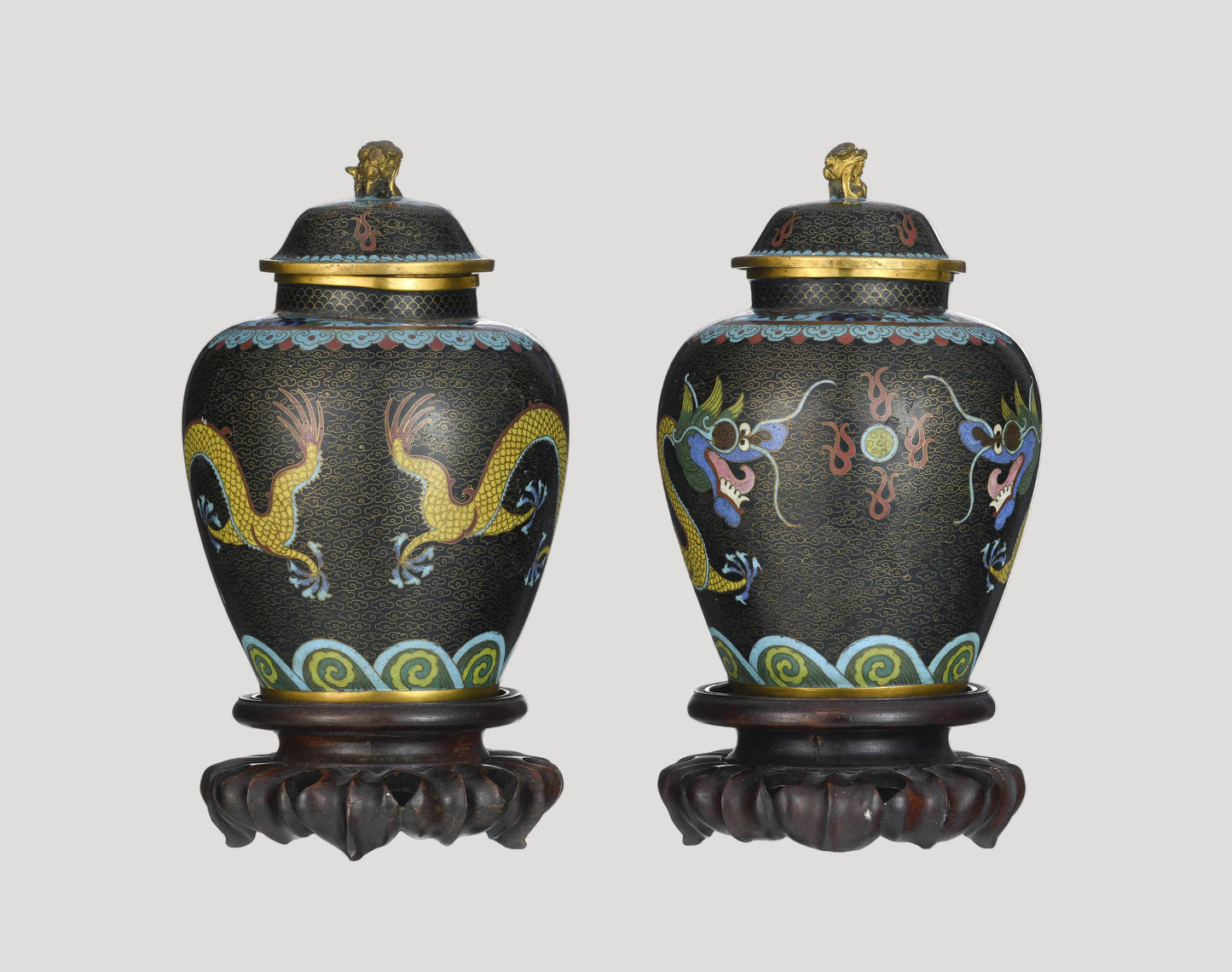 Pair of 2 cloisonné enamel vases, China, 20th c., dragon design, h. 20 cm