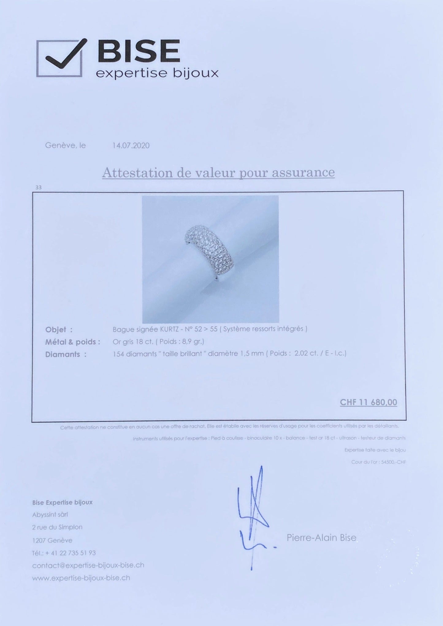 18k White Gold Ring paved with diamonds signed Kurtz