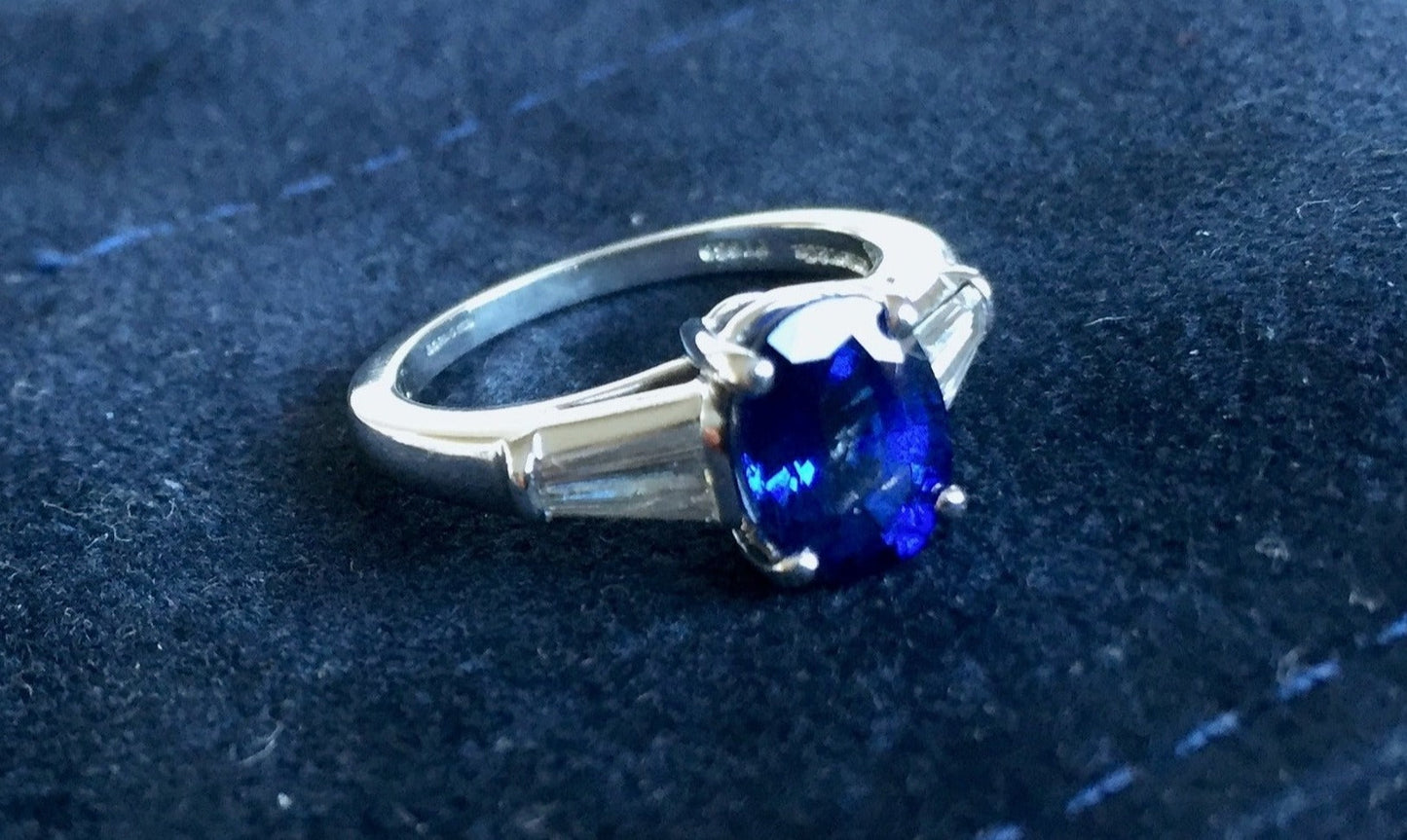 Tiffany Platinum Ring set with blue sapphire and diamonds