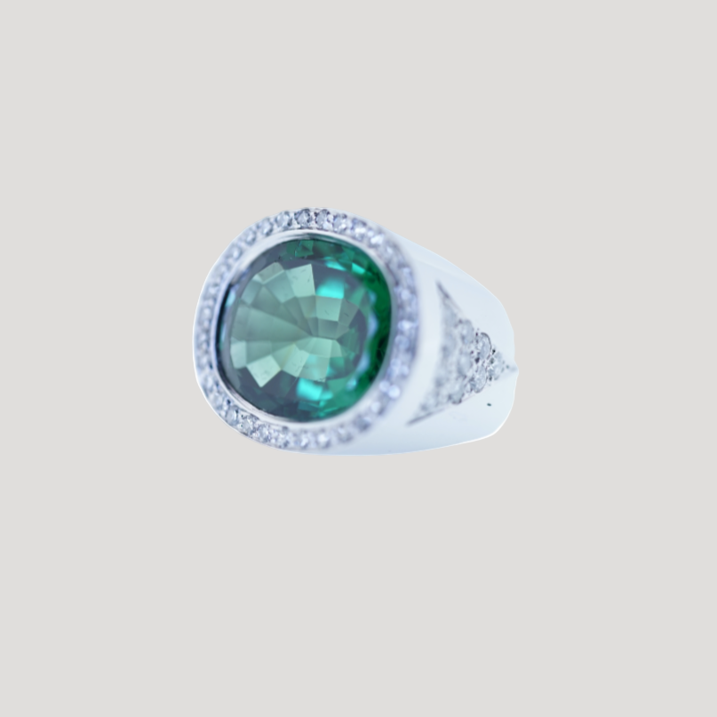Tourmaline Important White Gold Ring paved with diamonds New & expertise