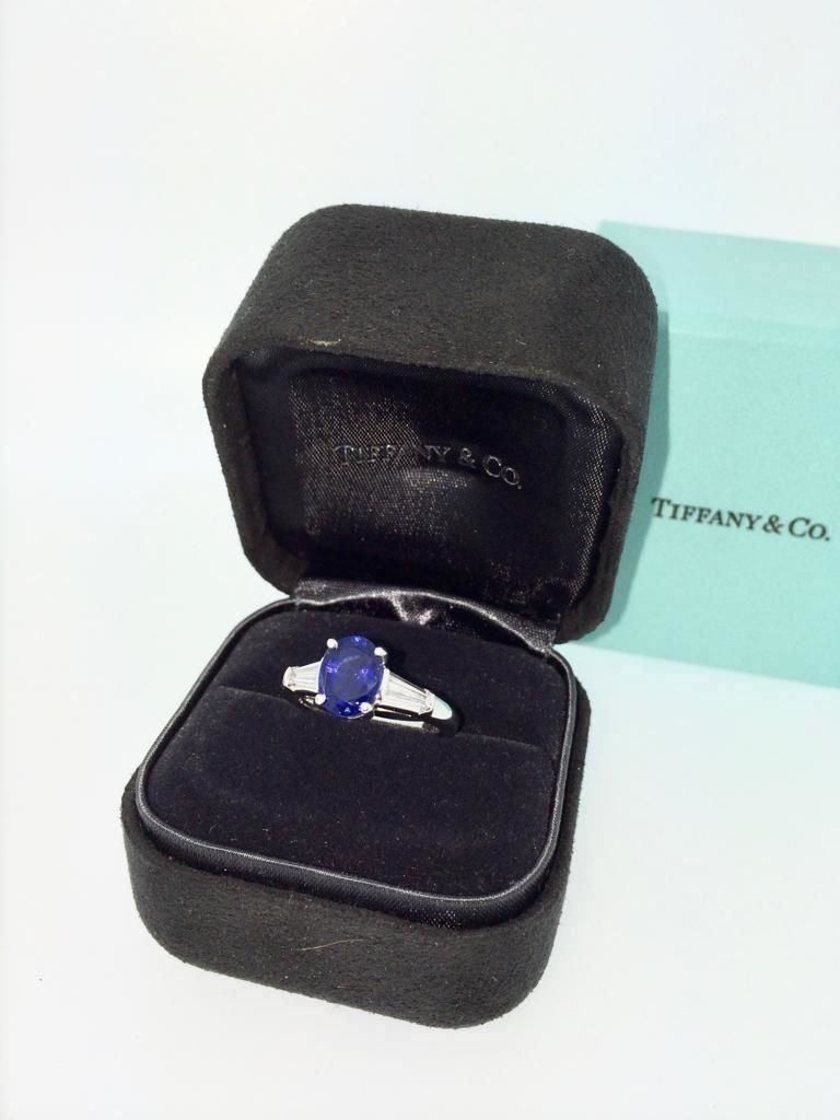Tiffany Platinum Ring set with blue sapphire and diamonds