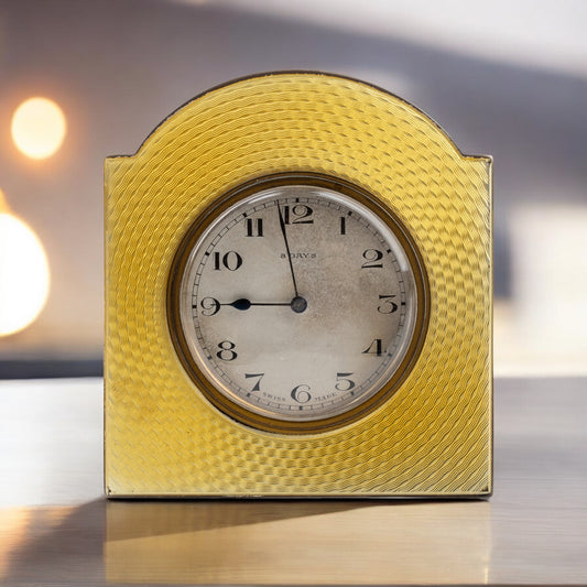 Albert Carter Art Deco sterling silver & yellow enamel table clock