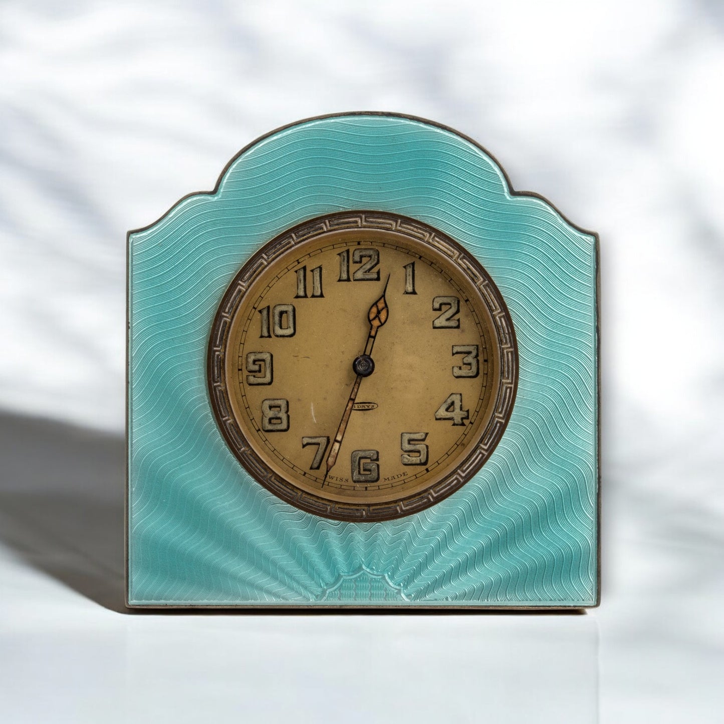 Beddoes & Co Art Deco silver enameled table clock Tiffany color