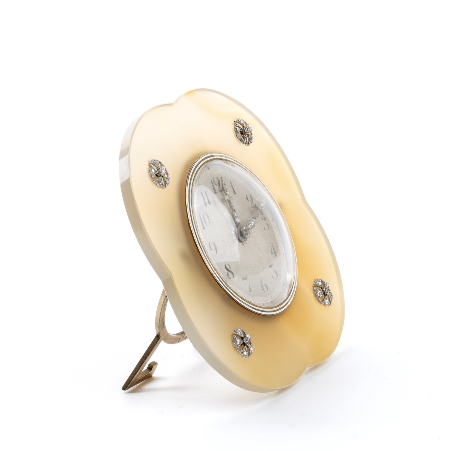 Cartier Art Déco agate and silver table clock / horloge/ tischuhr set with diamonds, 1920'