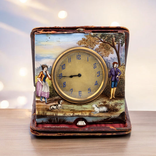 Beautiful Enameled Hand painted Table Clock /Horloge de table/Tischuhr Rare 1920'