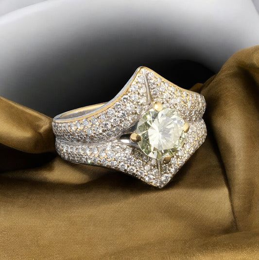 Design Solitaire 1kt fancy yellow diamond paved with ca.180 white diamonds 18k White Gold Ring