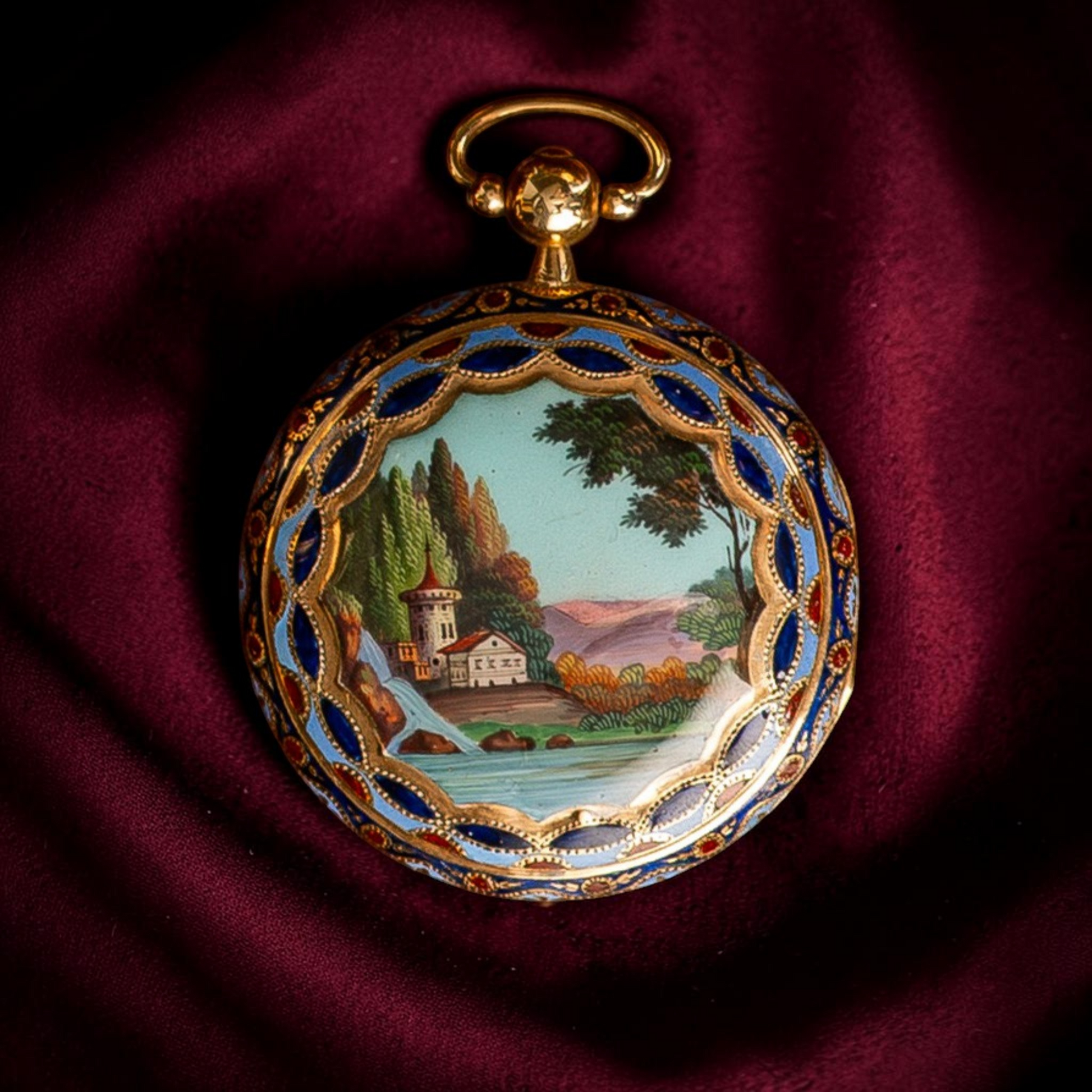 18k Gold Enamel Hand painted open-face pocket watch 1850' Rare Collector