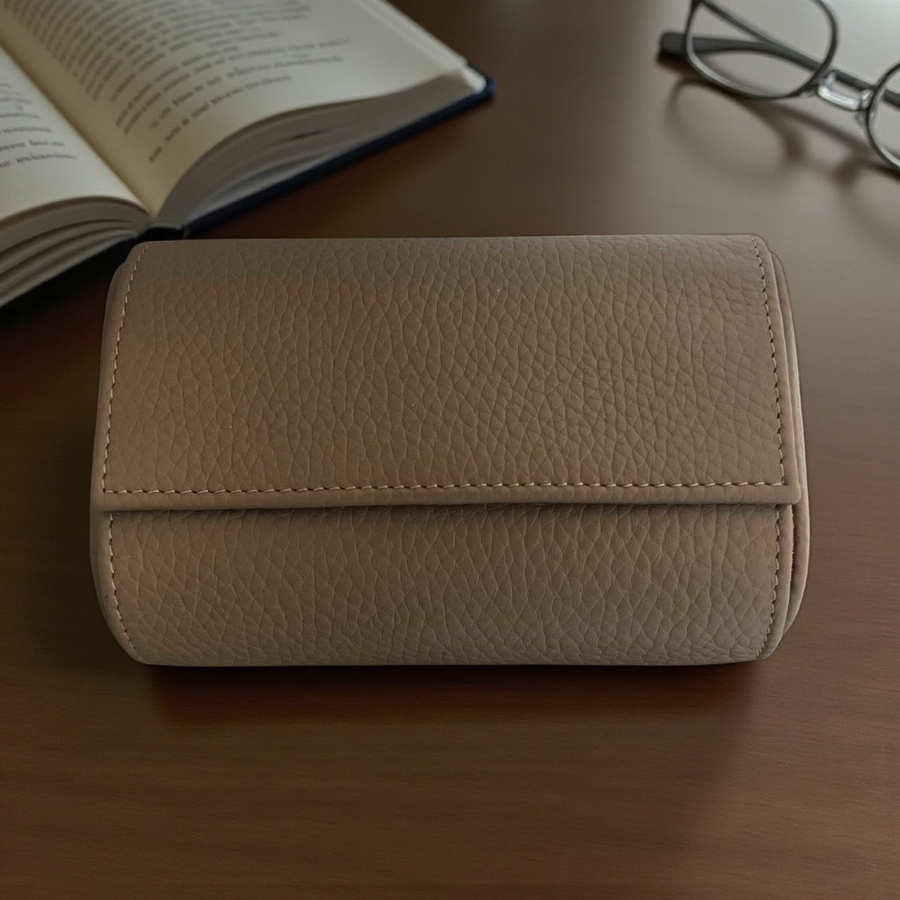 24Time Genève Finest Handmade New Travel Pouch / case / etui/ box in taupe leather for 2 watches