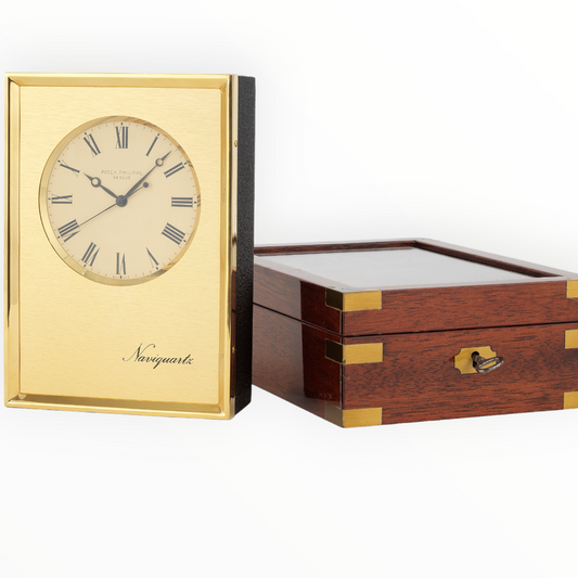 Patek Philippe Naviquartz Table clock in its original Patek mahogany case Ref. 1208 Rare