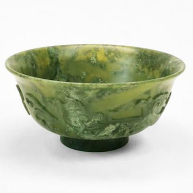 Antique jade bowl with slight relief pattern, D 20.5 cm, China