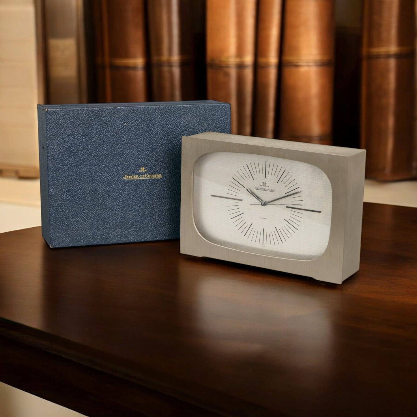 Jaeger-LeCoultre Steel Big Electric Table Clock Horloge de table Tischuhr in its original box ca 1960