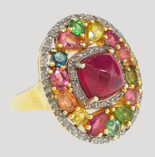 Ring Bague set with a sugar loaf ruby surrounded by colored tourmalines and diamond roses