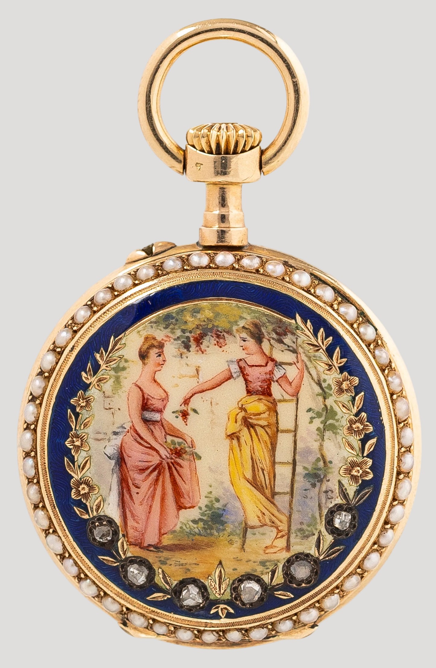 “Women in the Garden” Gold & Diamonds enameled open-face pocket watch 19c Rare Collector