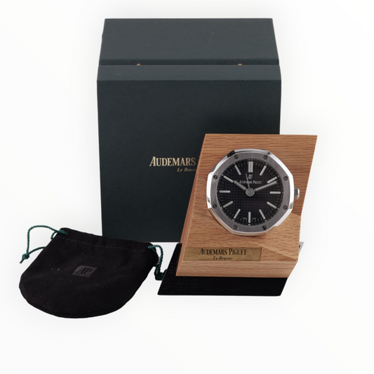 Audemars Piguet Royal Oak Steel Alarm Table Clock ca 2019 on Wooden stand, with original Box and pouch