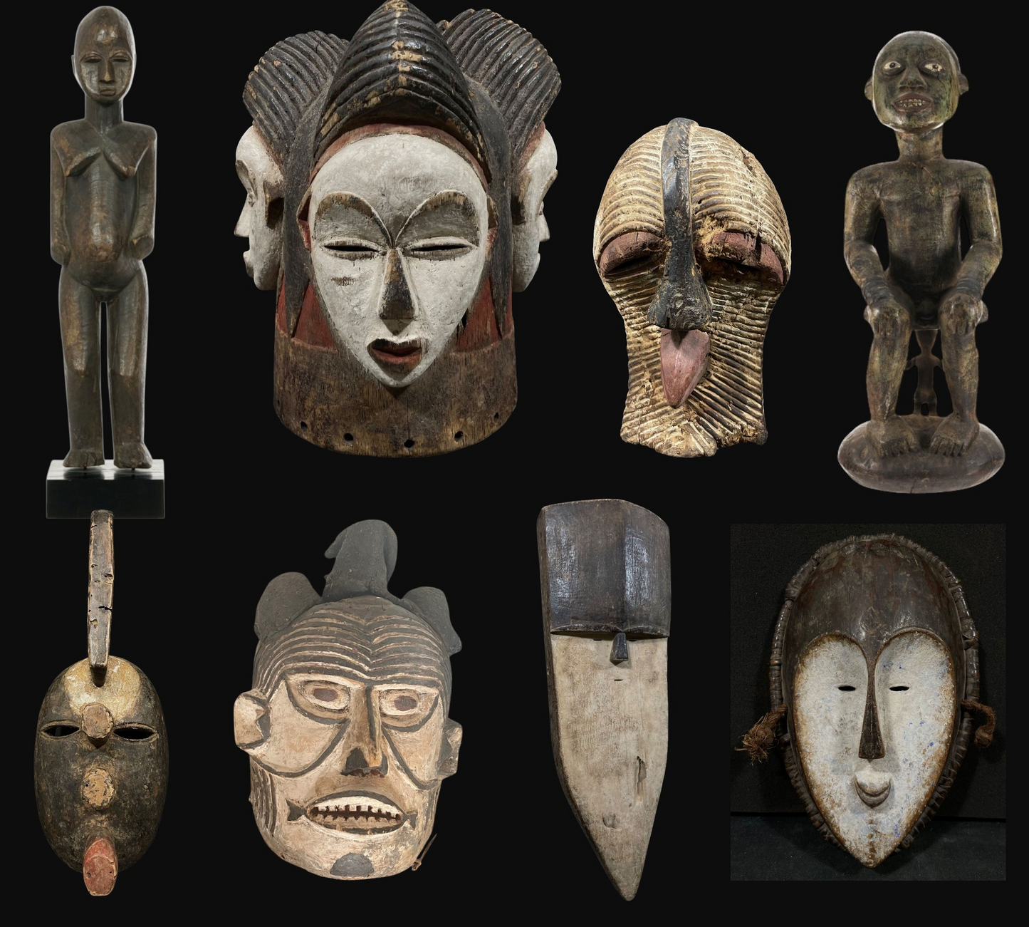 Exclusive Africain Tribal Art Collection of 2 Statues and 6 Masks 19-20 Century