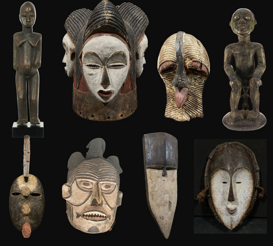 Exclusive Africain Tribal Art Collection of 2 Statues and 6 Masks 19-20 Century