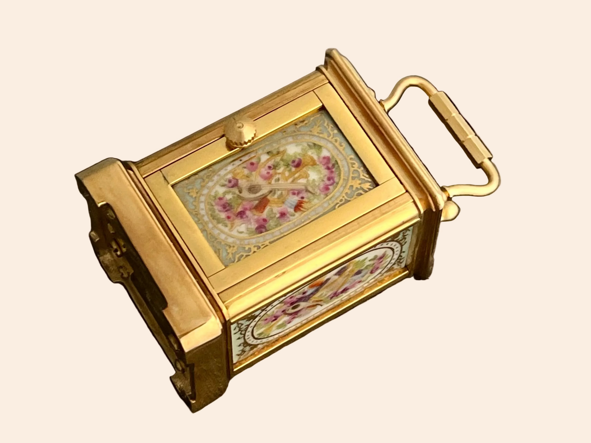 Beautiful Rare Porcelain Inset Travel clock, 1950'