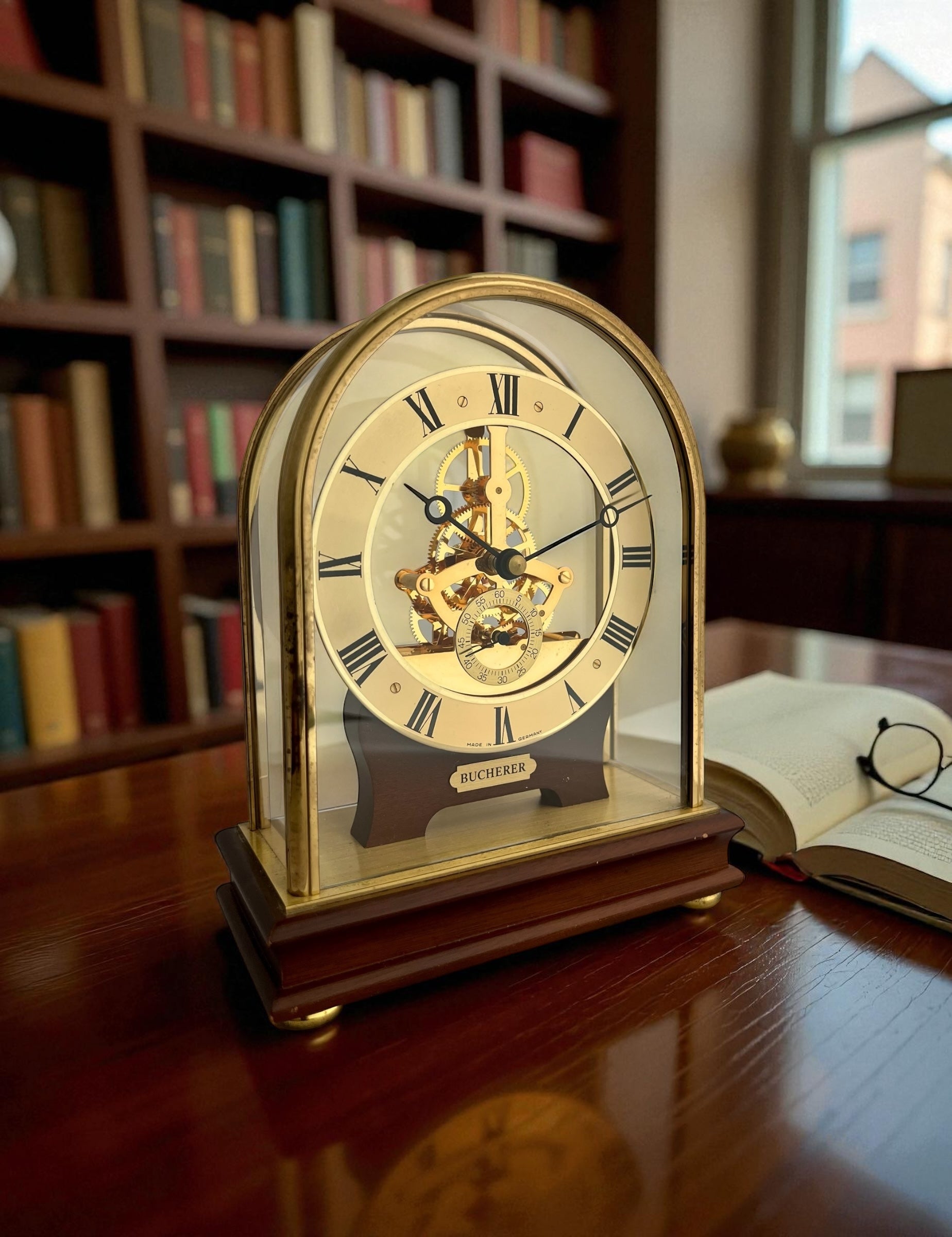 Bucherer Skeleton Brass & Wood Table Clock /Horloge de table/Tischuhr Rare ca 1980