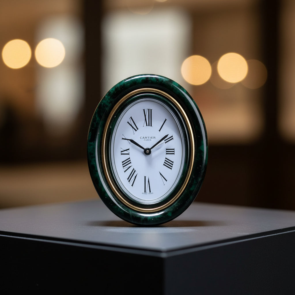Cartier Alarm Table Clock/ Pendulette green marbled enamel 1980s