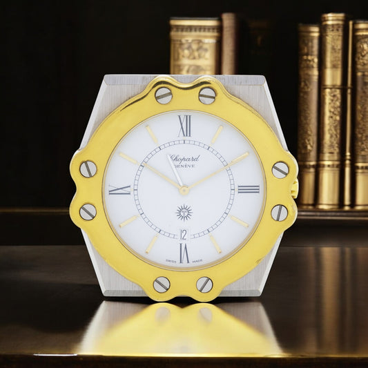 Chopard St. Moritz Ref. T8047, two-tone steel Alarm Table Clock with date indication 1980'