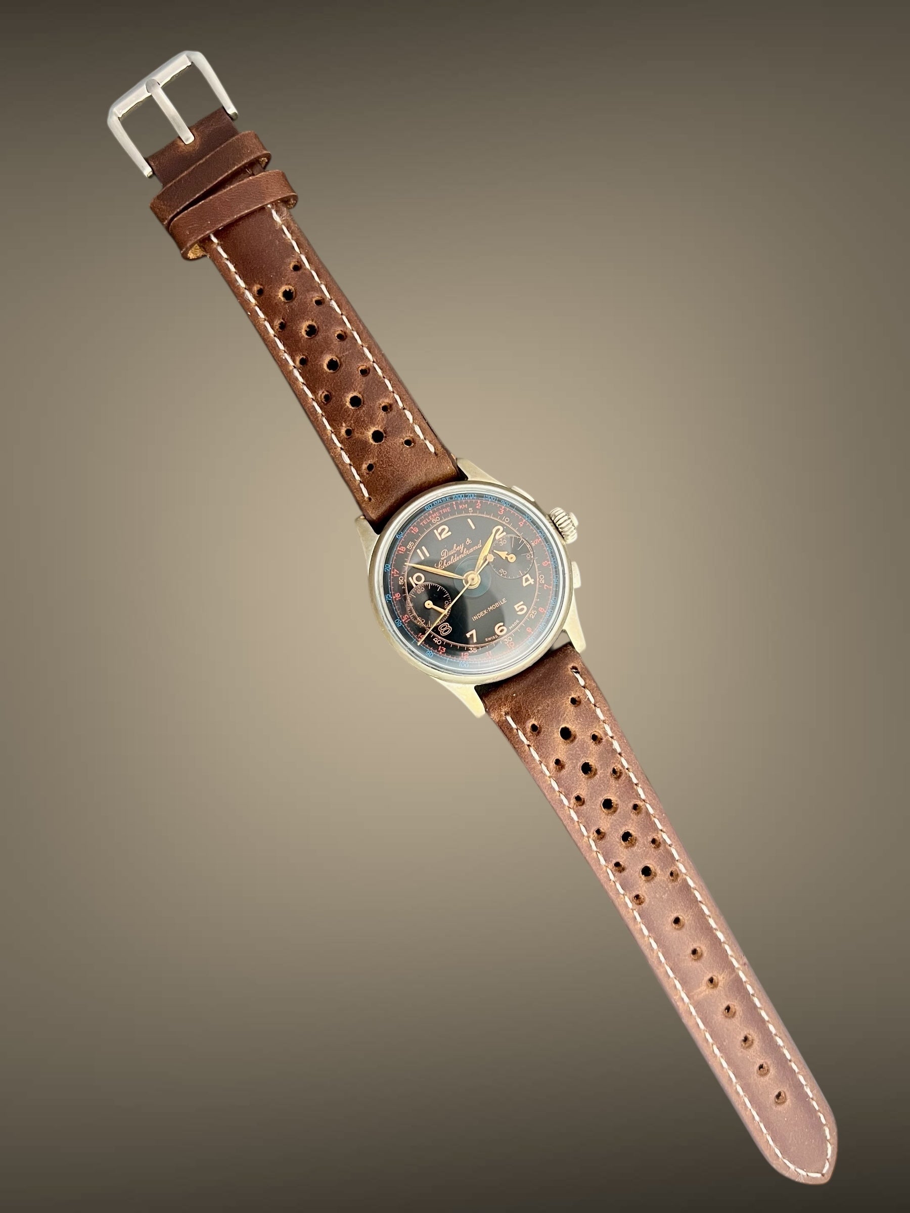 fine and rare&nbsp;Dubey &amp; Schaldenbrand “Index Mobile” Vintage Split-Seconds (Rattrapante) Chronograph – 34 mm, Black Gilt Dial, Case No. 2211