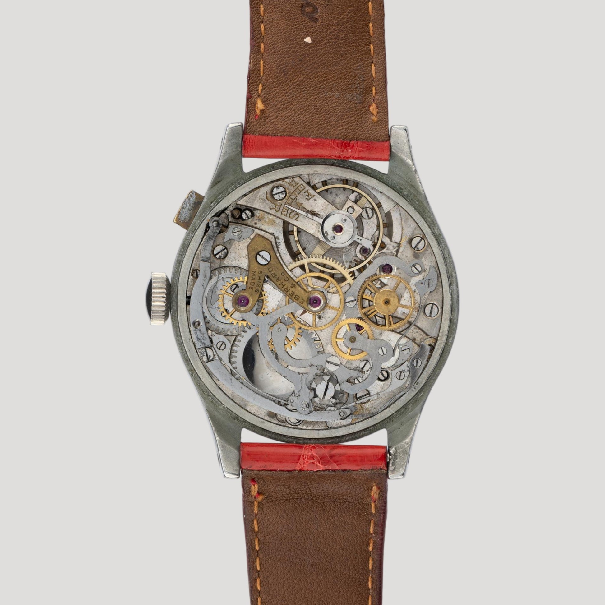 Large Eberhard vintage push-button chronograph Valjoux 65 steel watch 1940'