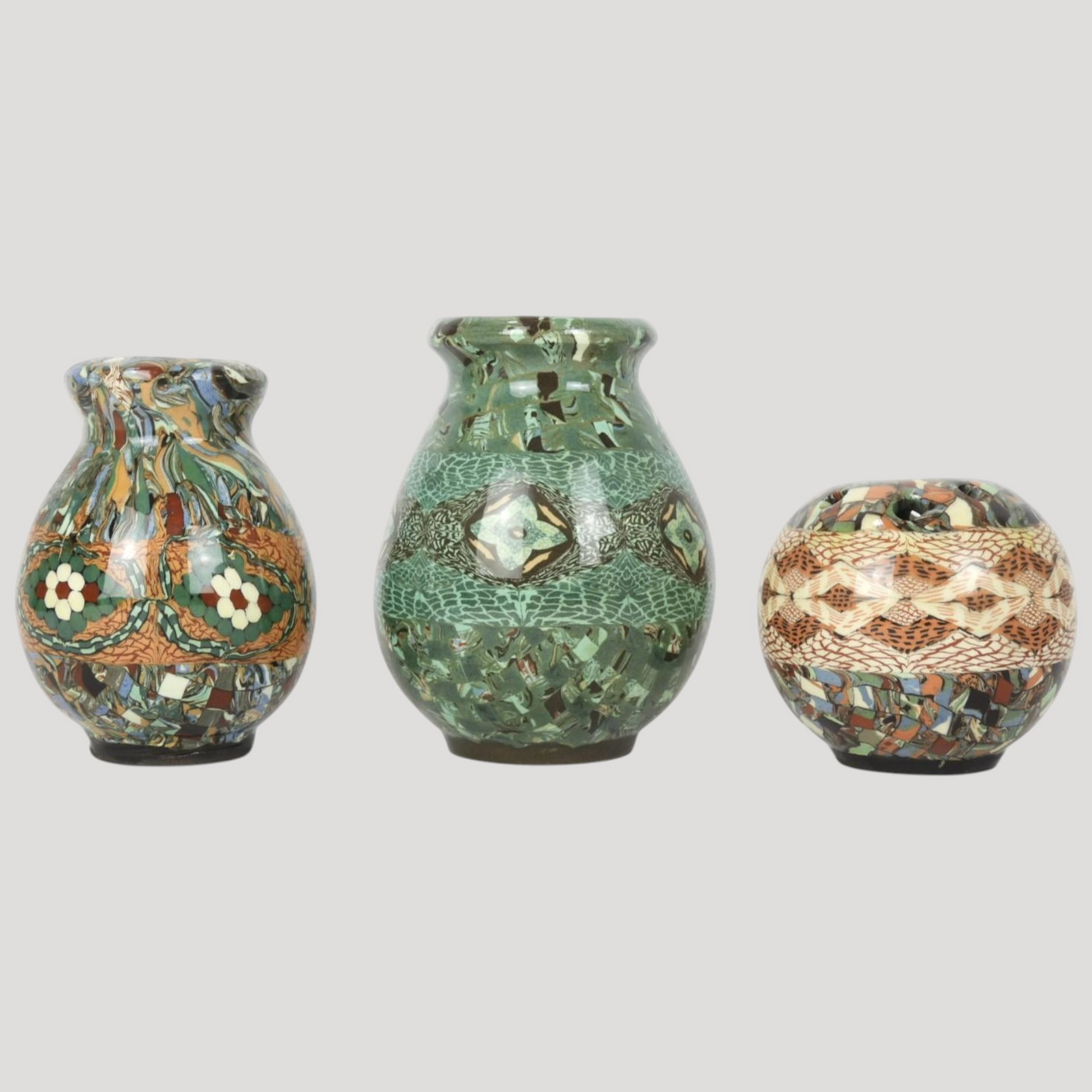 Gerbino Vallauris Collection of 3 mozaic ceramic vases
