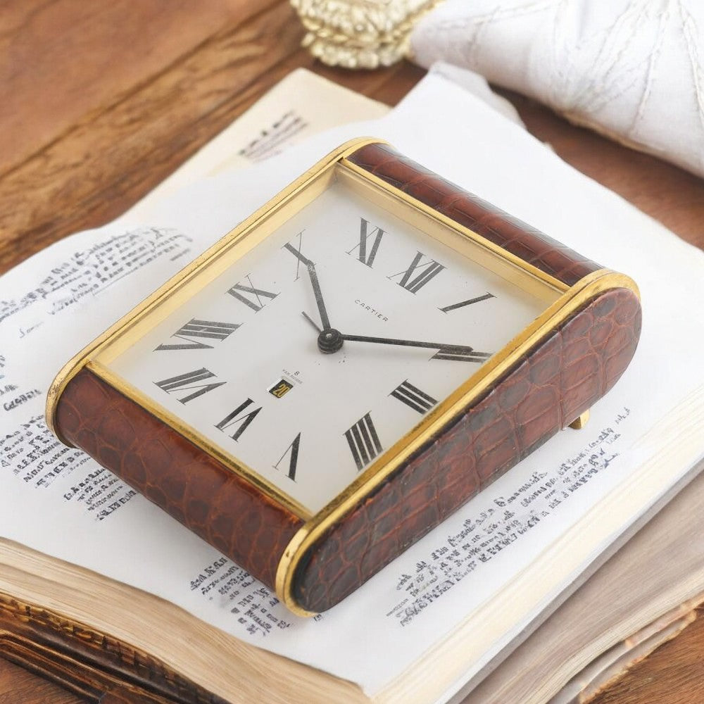 Cartier Alarm Table Desk Clock/ Pendulette '8 days' croco leather 1970' Rare