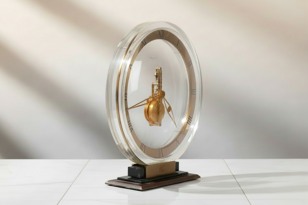 Jaeger LeCoultre desk clock with transparent dial & visible skeleton movement