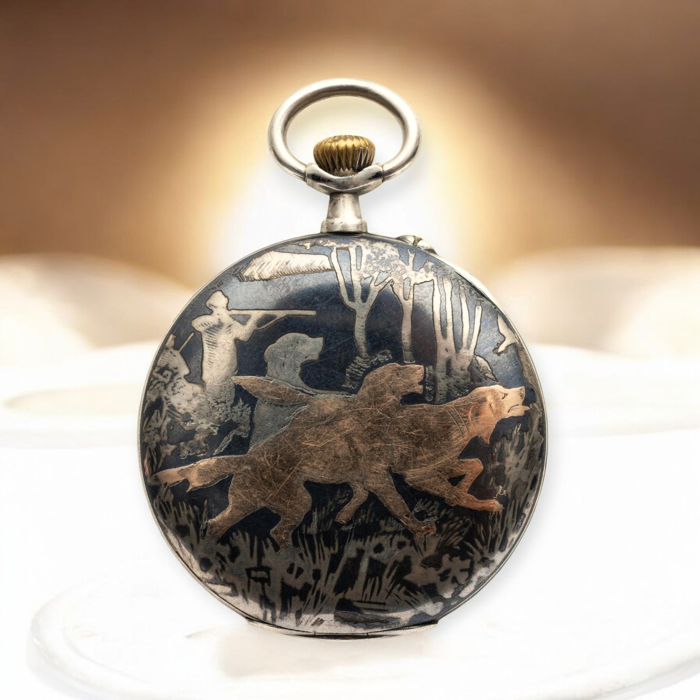 Silver Niel Pocket Watch / Montre de poche/ Taschenuhr 19c with Hunter Scene